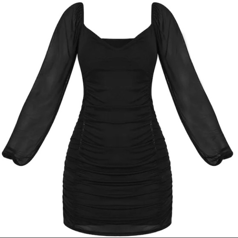 PLT Black Mesh Double Ruched Long Sleeve Bodycon Dress